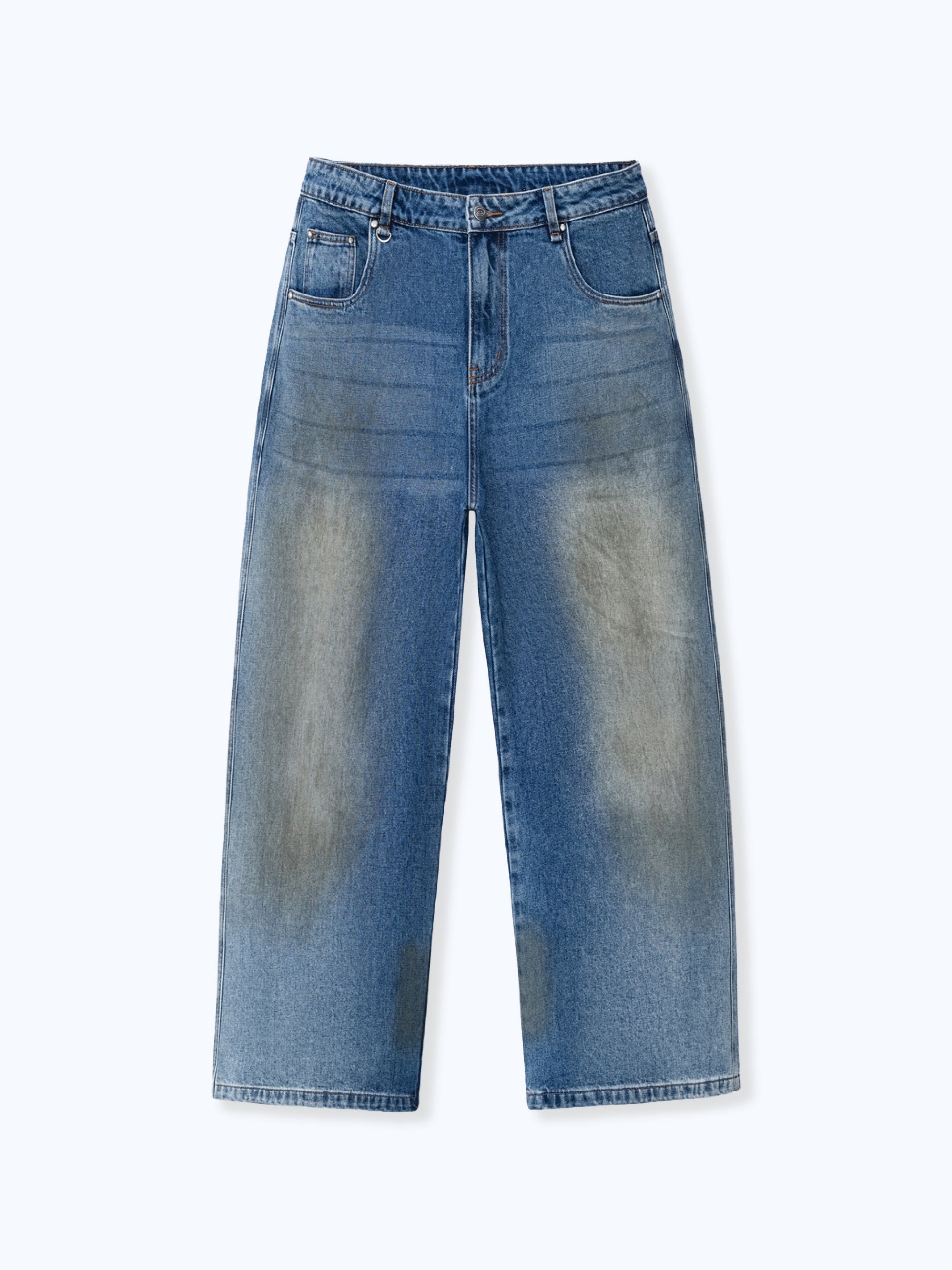 Mud-Dyed Washed Studded Straight-Leg Jeans