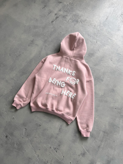 THANKS FOR BEING HERE HOODIE - MUTED PINK