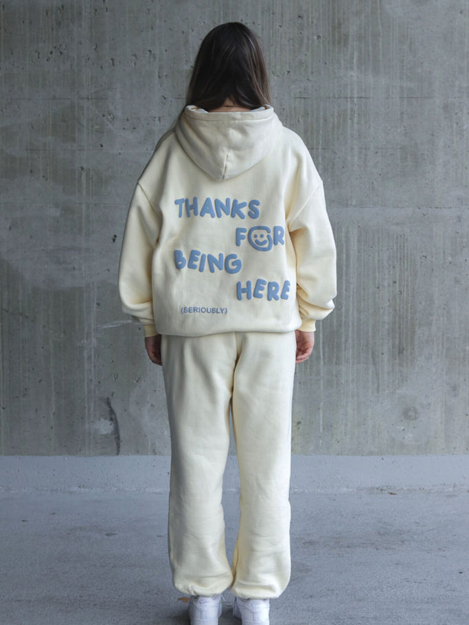 thanks for being here hoodie - cream + blue