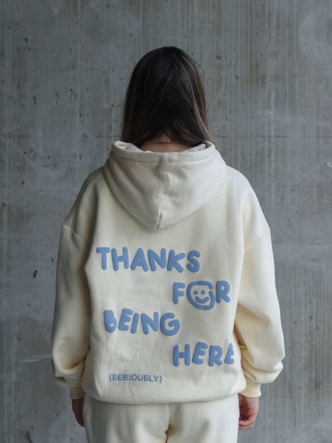 thanks for being here hoodie - cream + blue