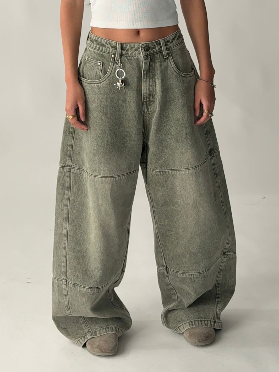 PANEL DENIM JEANS - WASHED GREEN