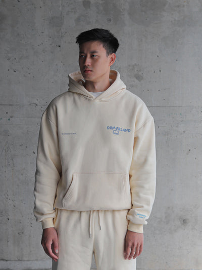 THANKS FOR BEING HERE HOODIE - CREAM + BLUE