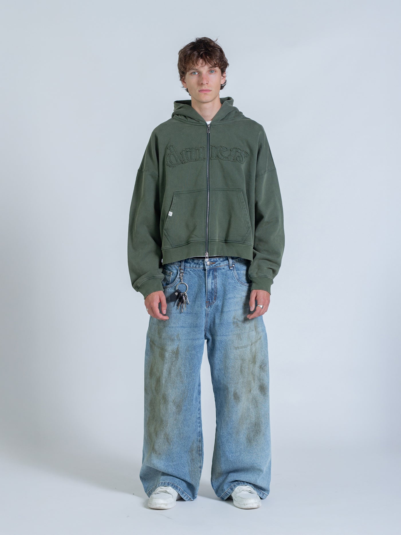 DISTRESSED LOGO ZIP UP - FADED PINE