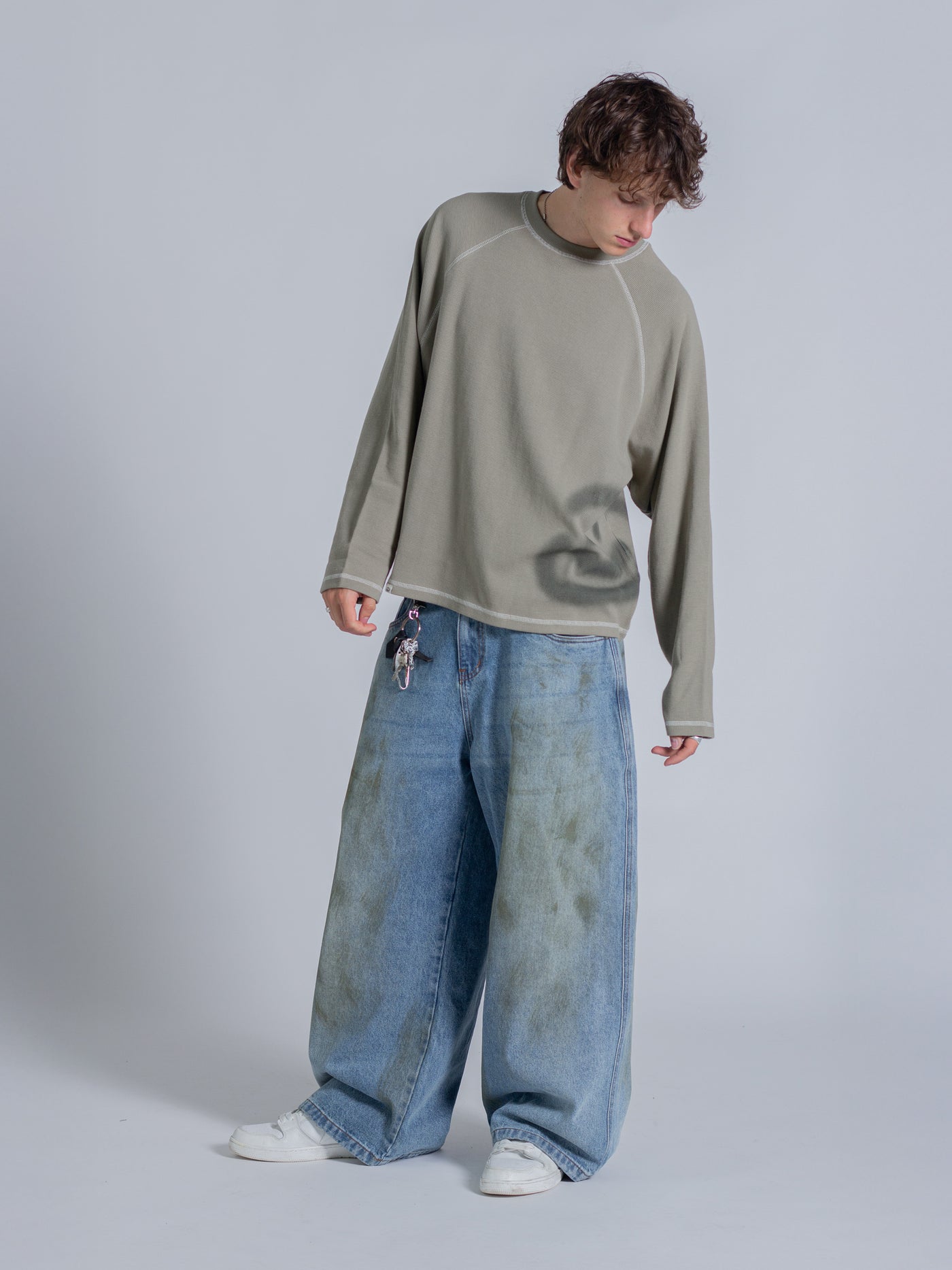SMILEY WAFFLE LONG SLEEVE TEE - SAGE SMOKE