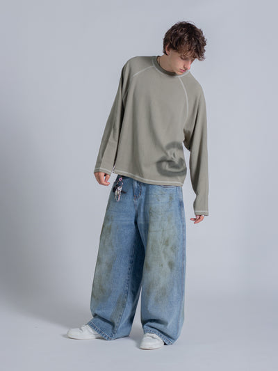 SMILEY WAFFLE LONG SLEEVE TEE - SAGE SMOKE