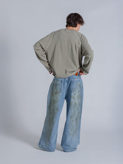 SMILEY WAFFLE LONG SLEEVE TEE - SAGE SMOKE