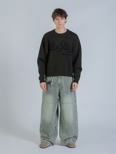 HEART KNIT SWEATER - DEEP OLIVE