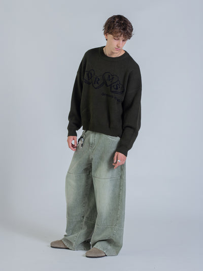 HEART KNIT SWEATER - DEEP OLIVE