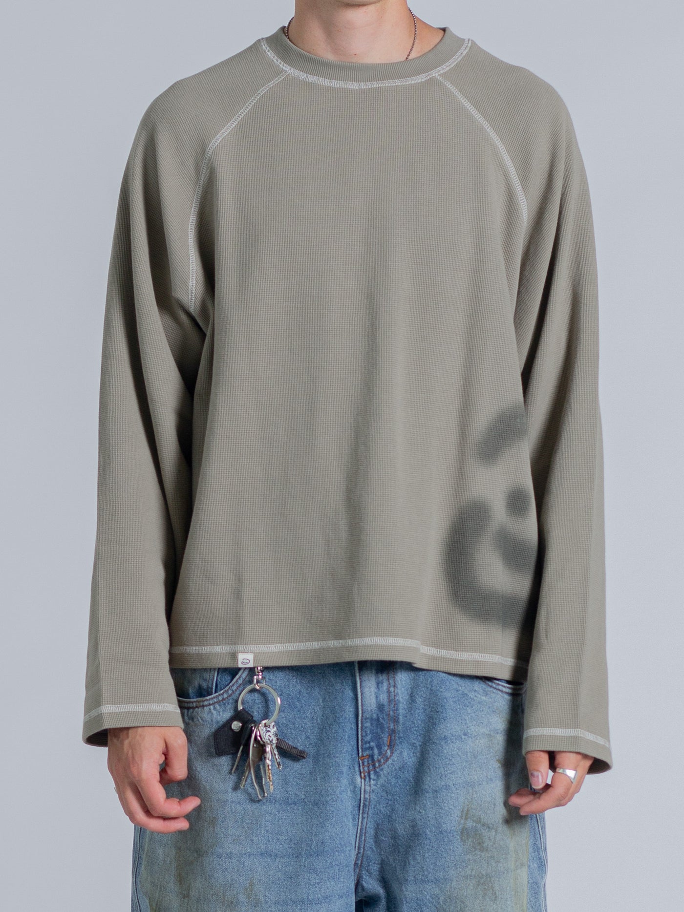 SMILEY WAFFLE LONG SLEEVE TEE - SAGE SMOKE
