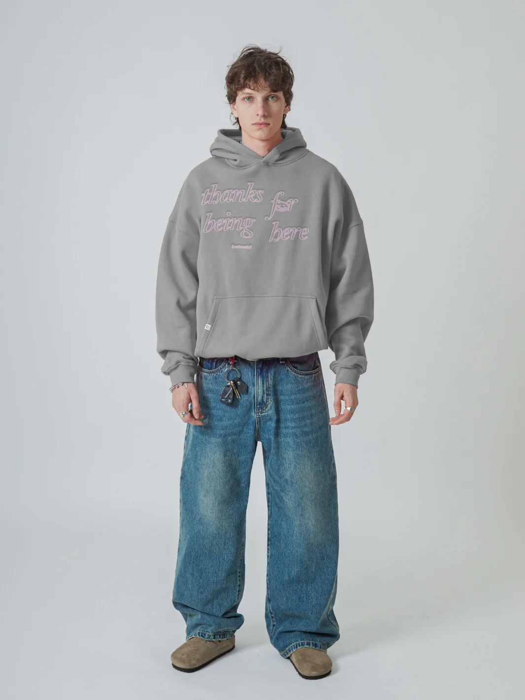 THANKS FOR BEING HERE V2 HOODIE - STONE GREY