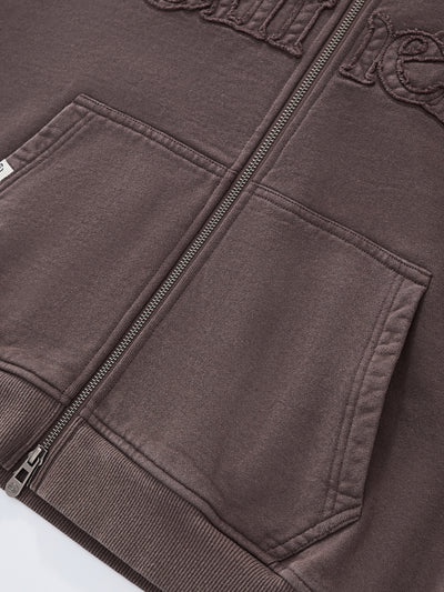 DISTRESSED LOGO ZIP UP - BROWN