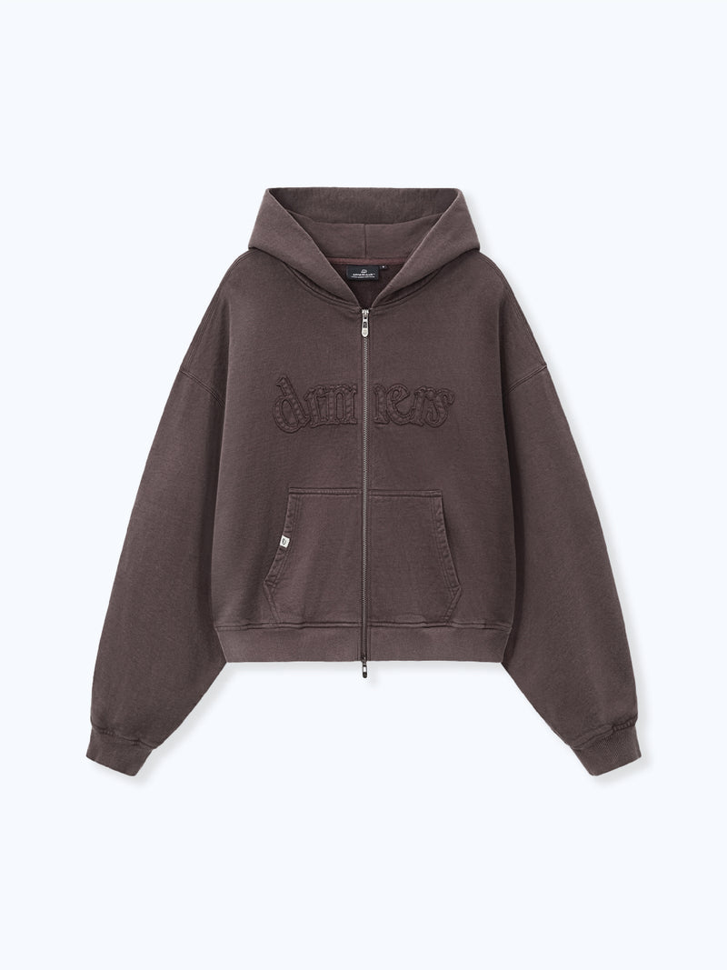 DISTRESSED LOGO ZIP UP - BROWN