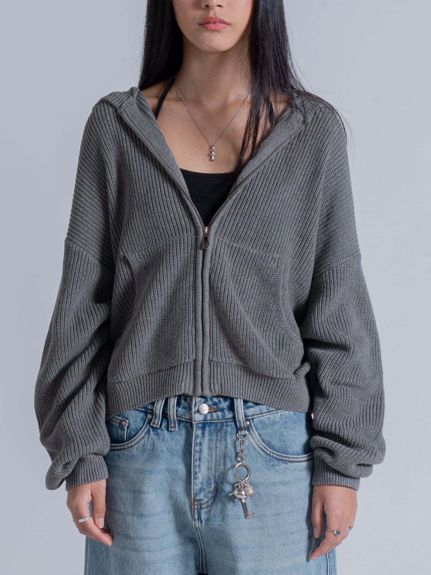 SMILEY KNITTED ZIP - DARK HEATHER GREY – DRMERS CLUB