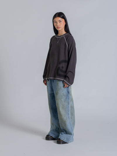 SMILEY WAFFLE LONG SLEEVE TEE - MIDNIGHT CHARCOAL