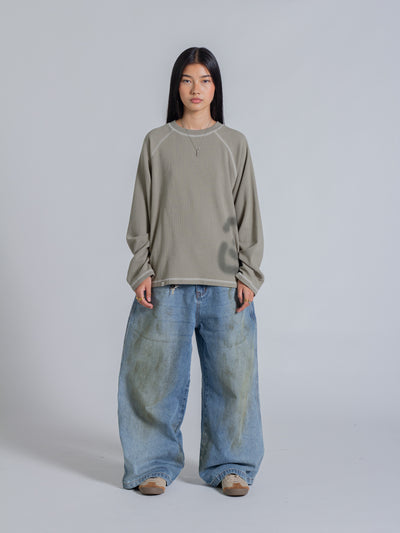 SMILEY WAFFLE LONG SLEEVE TEE - SAGE SMOKE