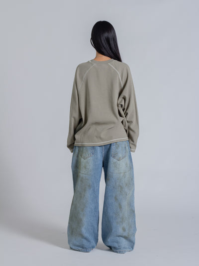 SMILEY WAFFLE LONG SLEEVE TEE - SAGE SMOKE