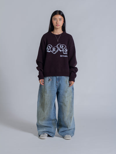 HEART KNIT SWEATER - DARK BROWN