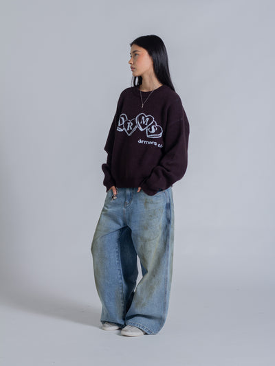 HEART KNIT SWEATER - DARK BROWN
