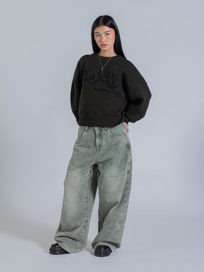 HEART KNIT SWEATER - DEEP OLIVE