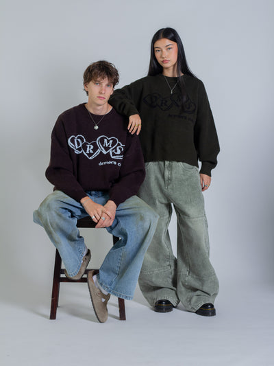 HEART KNIT SWEATER - DEEP OLIVE