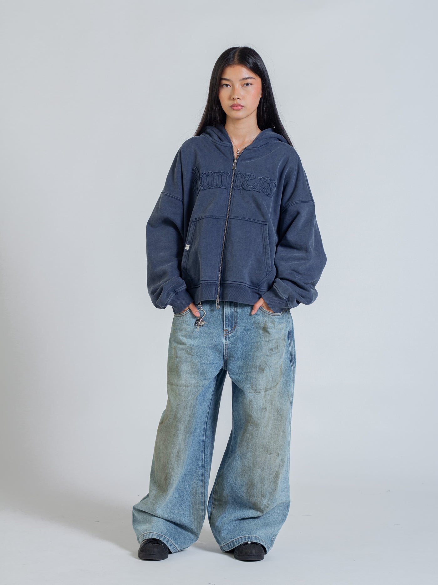 DISTRESSED LOGO ZIP UP - NAVY