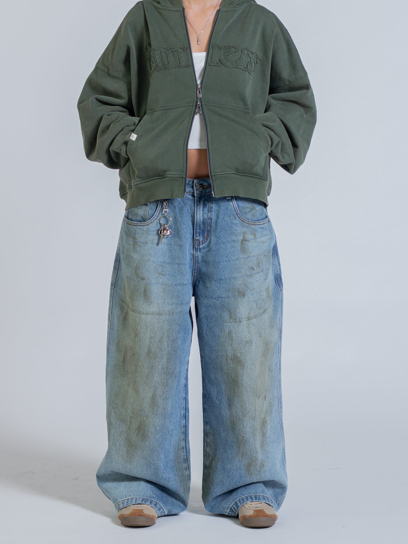 DISTRESSED LOGO ZIP UP - FADED PINE