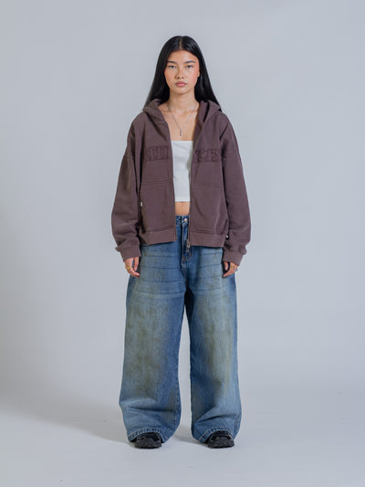 DISTRESSED LOGO ZIP UP - BROWN