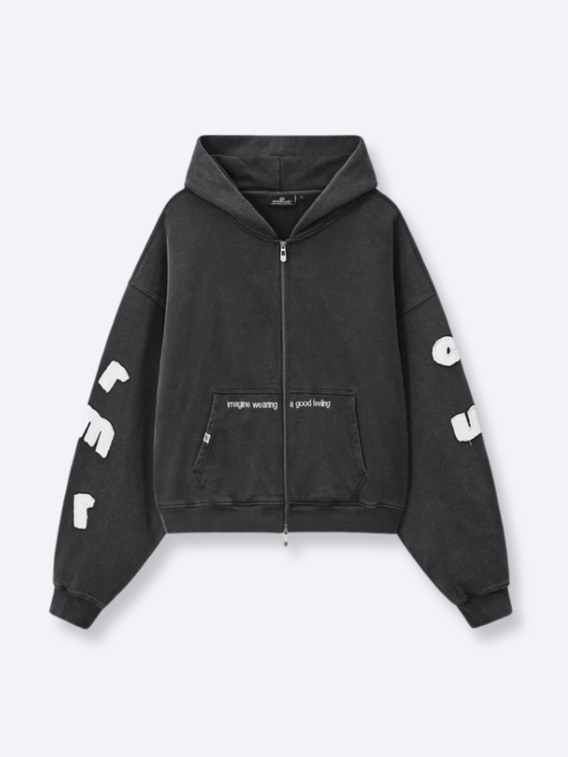 FLOATING LETTERS ZIP UP - VINTAGE BLACK – DRMERS CLUB
