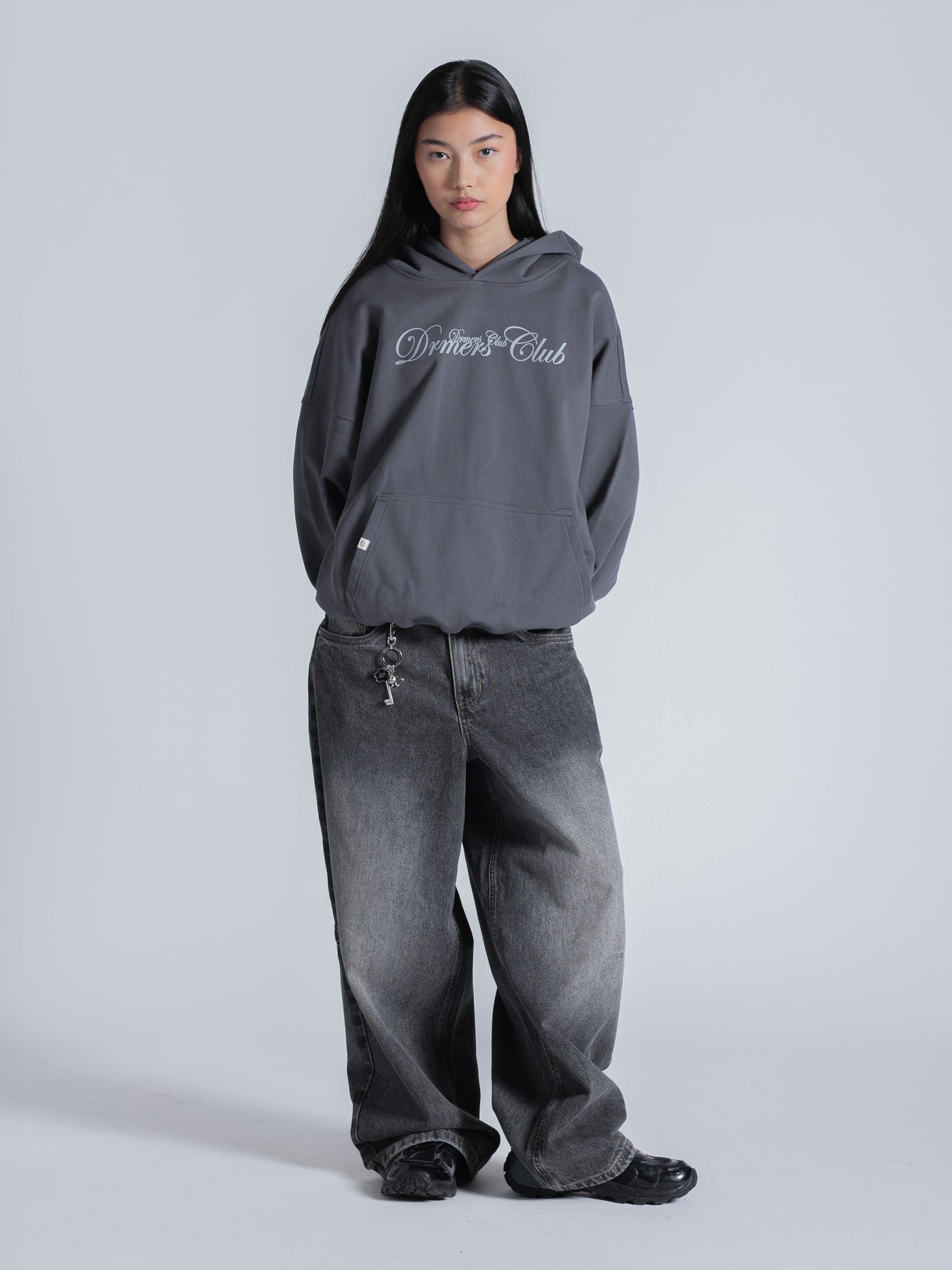 SCRIPT TEXT HOODIE - CHARCOAL BLUE – DRMERS CLUB