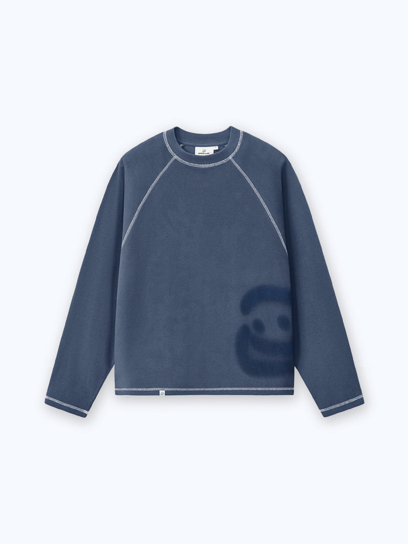 SMILEY WAFFLE LONG SLEEVE TEE - NAVY BLUE