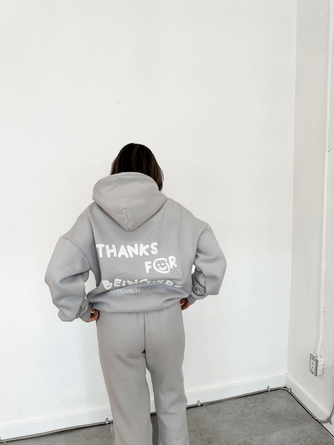 THANKS FOR BEING HERE HOODIE - LIGHT GREY