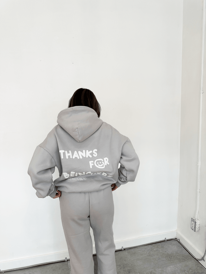 thanks for being here hoodie - light grey